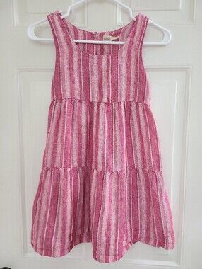 Faherty Girls Linen Dress Pink White Striped Size 8 Sleeveless EUC!